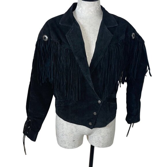 Winlit Vintage Jacket Size Medium Black Suede Fringe Asymmetric Snap Closure - Picture 9 of 14